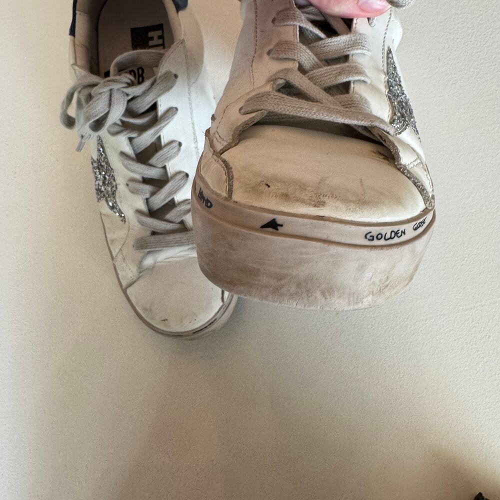 Golden Goose Hi Star Sneakers Womens EU 38 White Leather Glitter Star Blue Heel - Picture 7 of 15